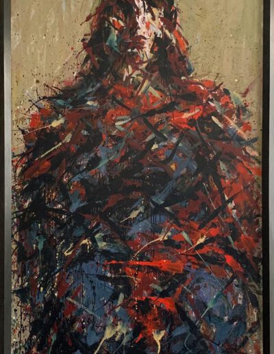 Ein abstrahiertes Gemälde von Max Uhlig. Dame mit rotem Schal.