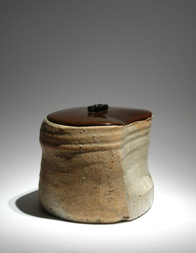 Ein Frischwassergefäß mizusashi aus Shigaraki Keramik mit einem dunkelbraunen Lackdeckel.